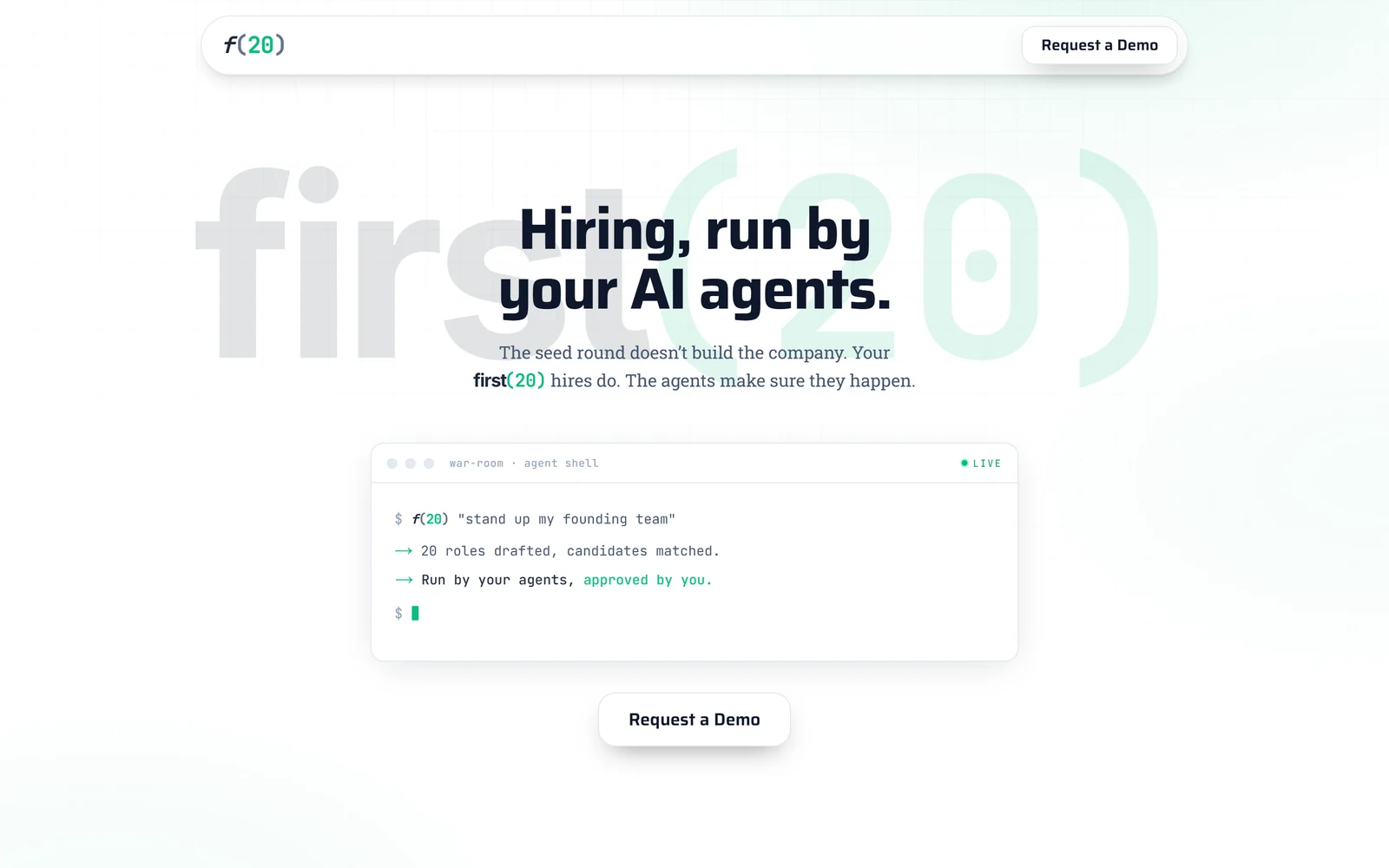 Homepage of first20.io.